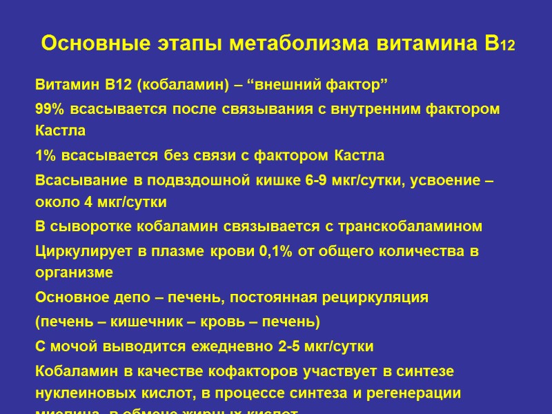 Основные этапы метаболизма витамина B12 Витамин В12 (кобаламин) – “внешний фактор” 99% всасывается после
